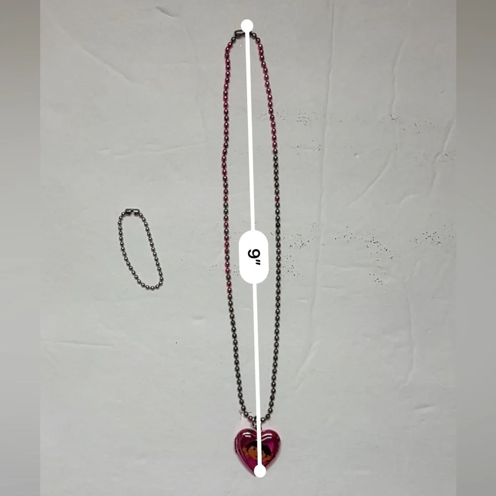 Vintage Dora The Explorer Kids Pink Heart Locket Necklace with Silver Chain